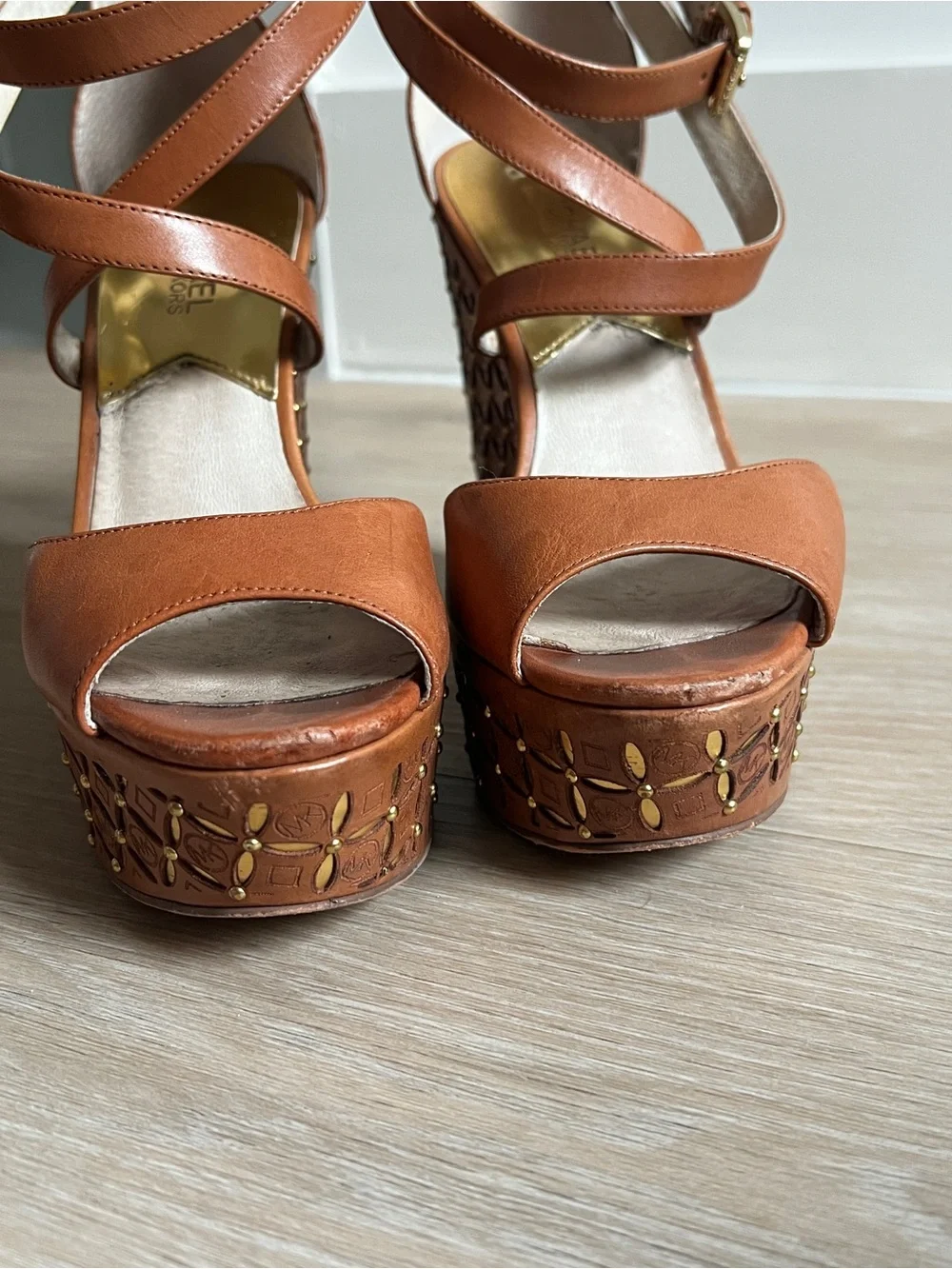 Michael Kors Gabriella Tan Leather Platform Wedges Size 8